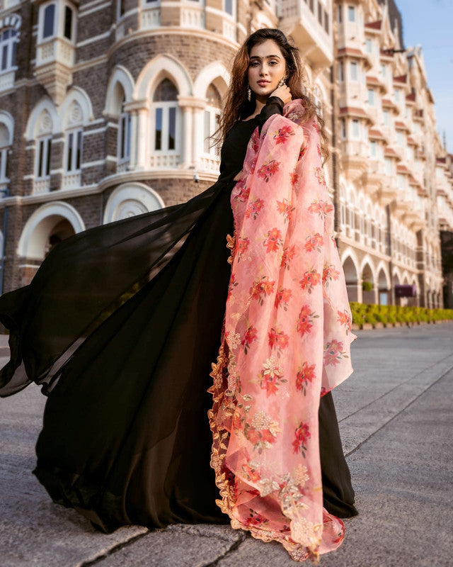 Women's Black Faux Blooming Floor-Length Anarkali Dress Set