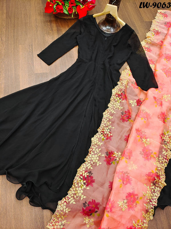 Women's Black Faux Blooming Floor-Length Anarkali Dress Set