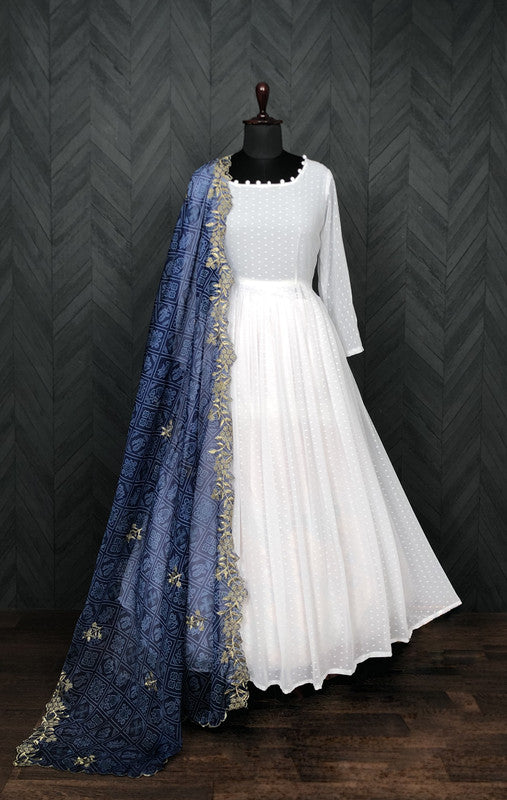 Women's White Georgette Butti Work Anarkali Dress with Dupatta