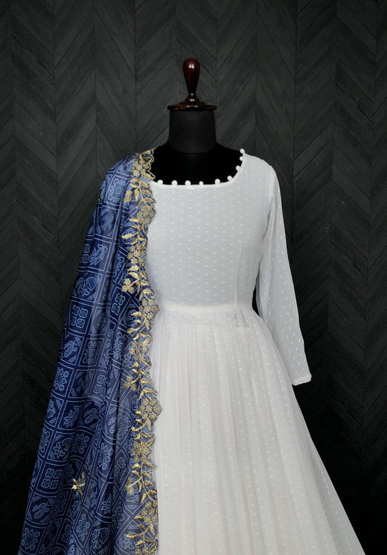 Women's White Georgette Butti Work Anarkali Dress with Dupatta