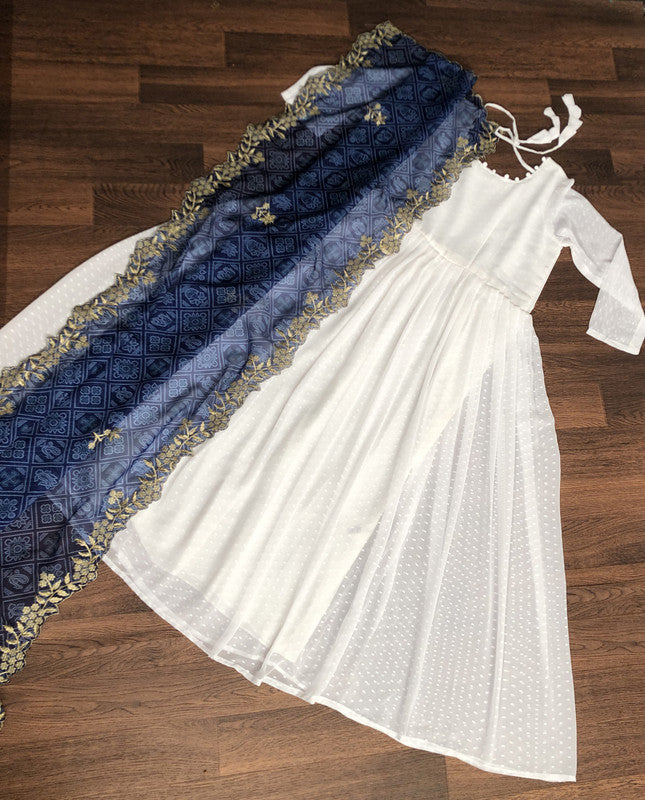 Women's White Georgette Butti Work Anarkali Dress with Dupatta