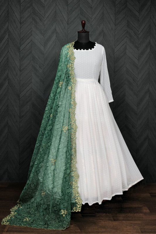 Women's White Georgette Butti Work Partywear Anarkali Dress