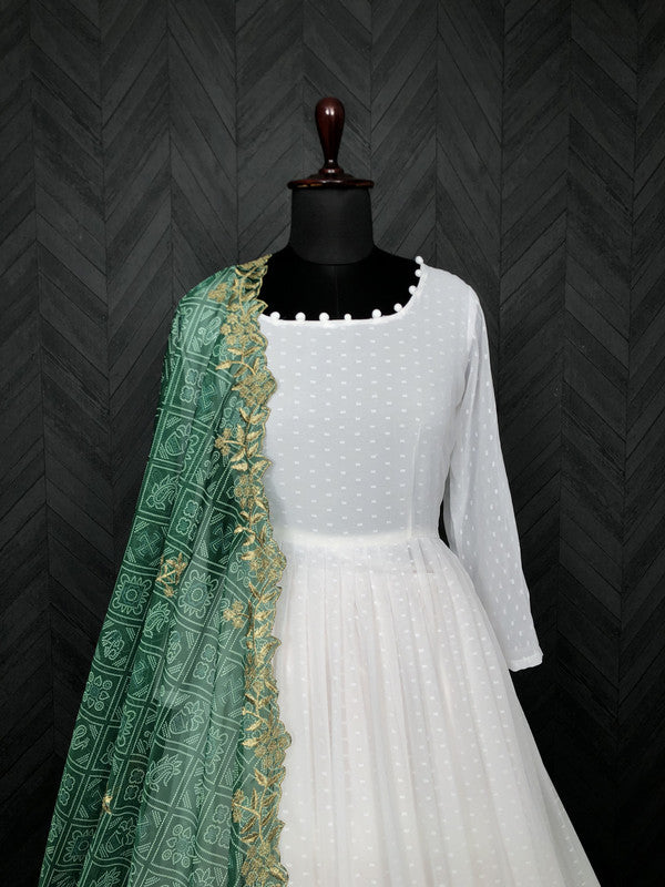 Women's White Georgette Butti Work Partywear Anarkali Dress