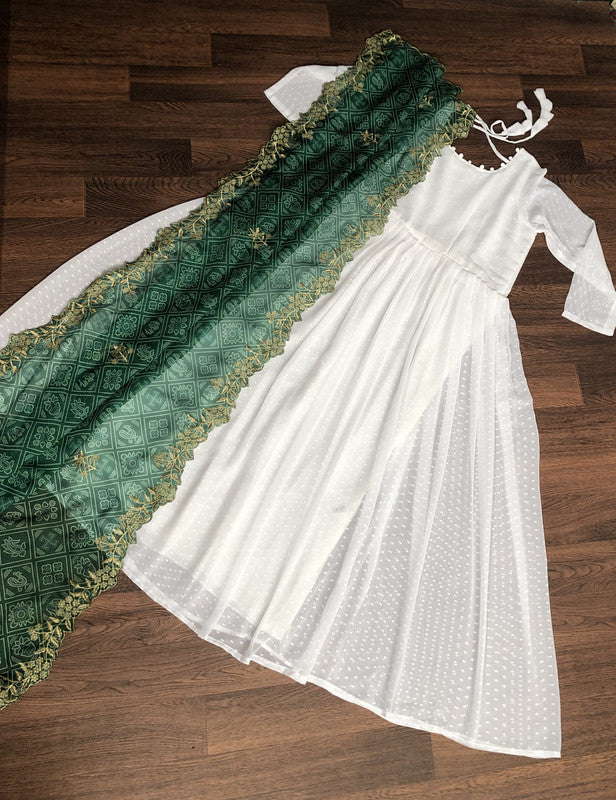 Women's White Georgette Butti Work Partywear Anarkali Dress