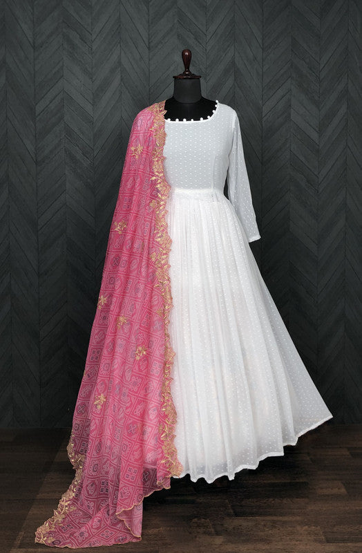 White Georgette Partywear Anarkali Dress with Pink Dupatta