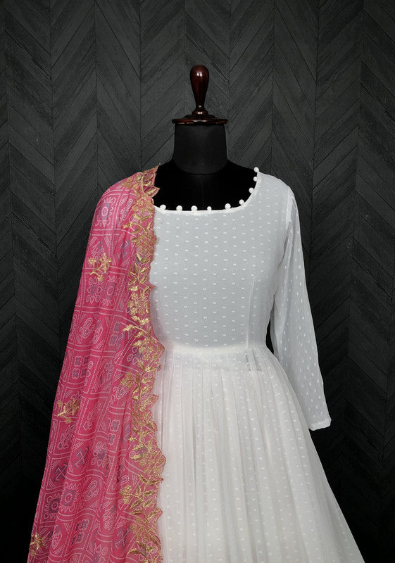 White Georgette Partywear Anarkali Dress with Pink Dupatta