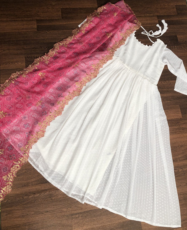 White Georgette Partywear Anarkali Dress with Pink Dupatta