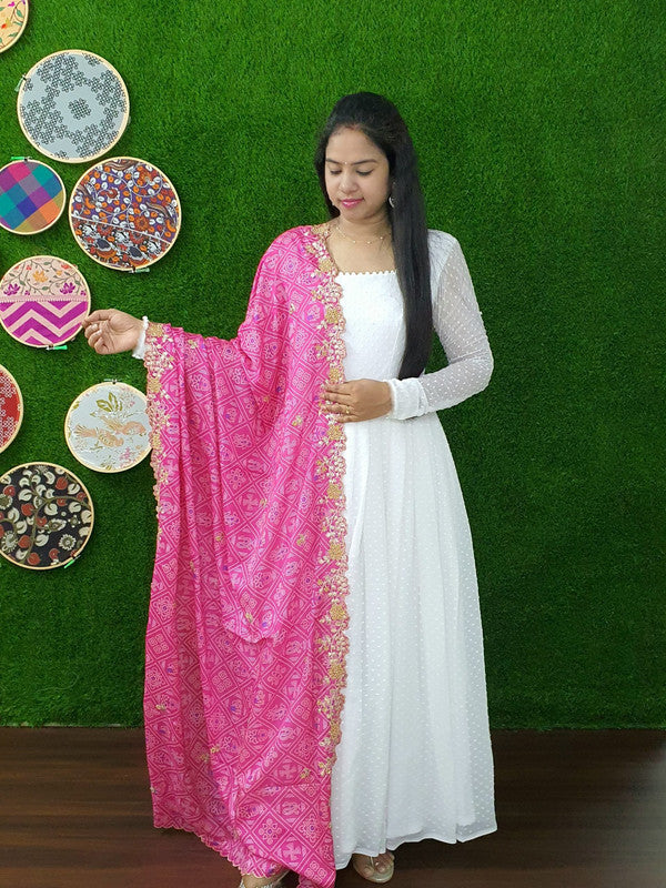 White floor length Anarkali dress in georgette with pink dupatta