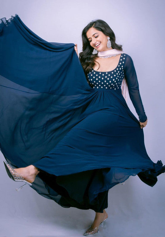 Women's Navy Blue Thread Embroidery Faux Blooming Anarkali