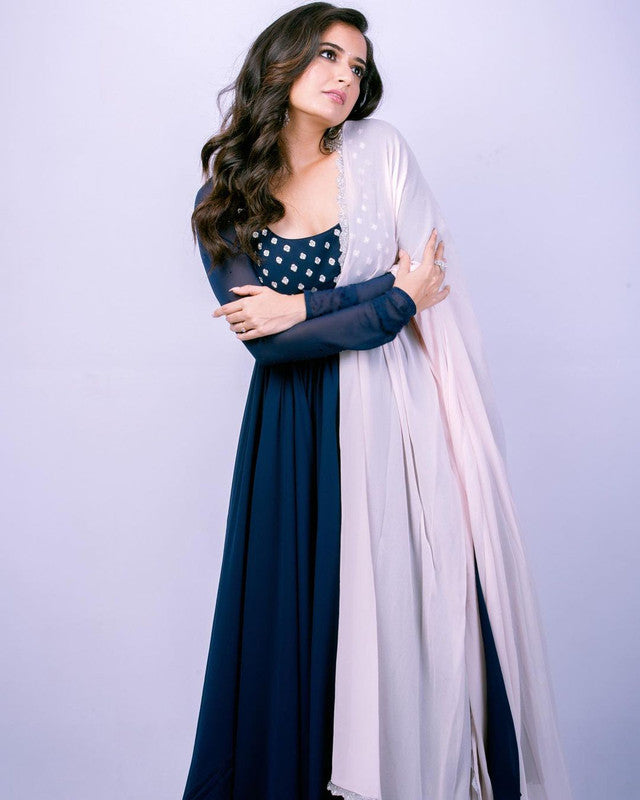 Women's Navy Blue Thread Embroidery Faux Blooming Anarkali