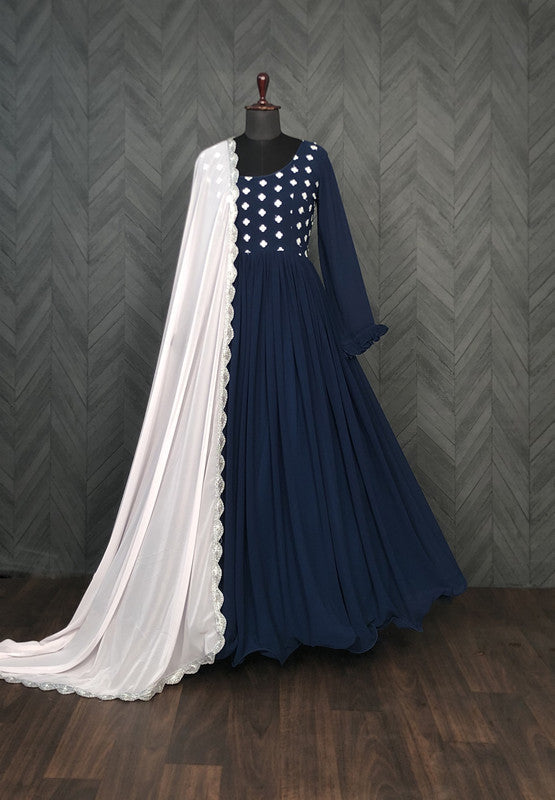 Women's Navy Blue Thread Embroidery Faux Blooming Anarkali