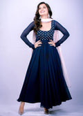 Navy blue faux blooming Anarkali dress featuring intricate thread embroidery and matching dupatta.