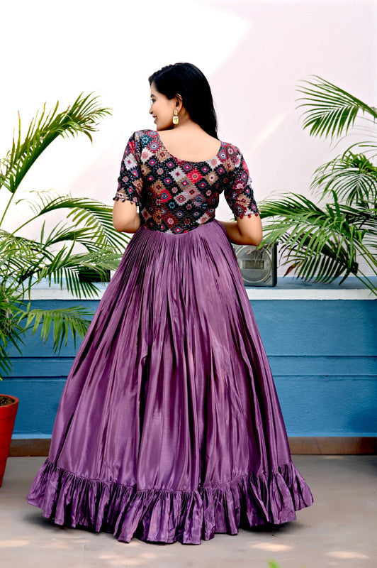 Women's Purple Sequins Chinon Floor-Length Anarkali Dress