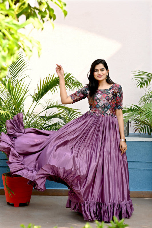 Women's Purple Sequins Chinon Floor-Length Anarkali Dress