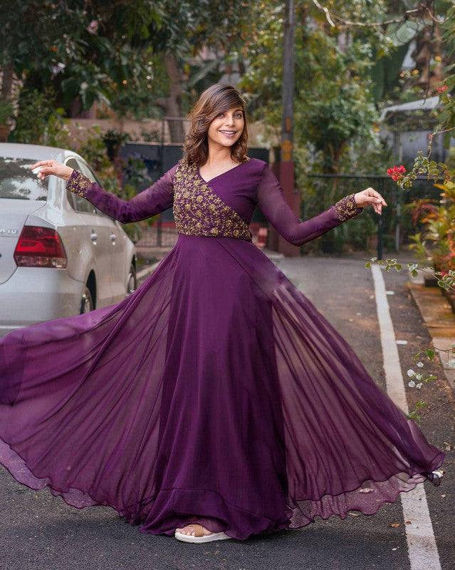Women's Wine Faux Blooming Sequins Embroidered Anarkali