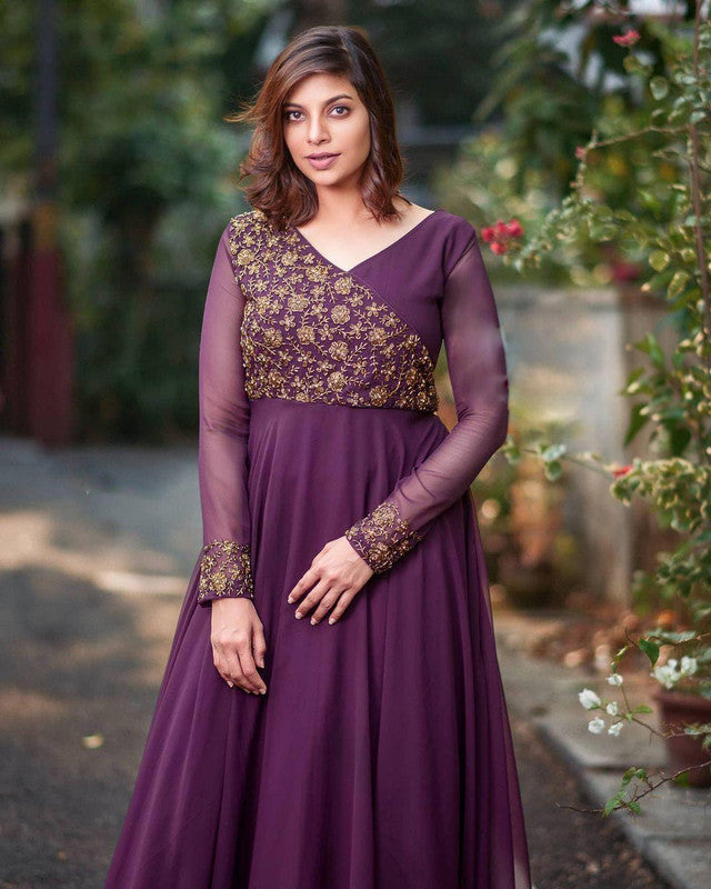 Women's Wine Faux Blooming Sequins Embroidered Anarkali
