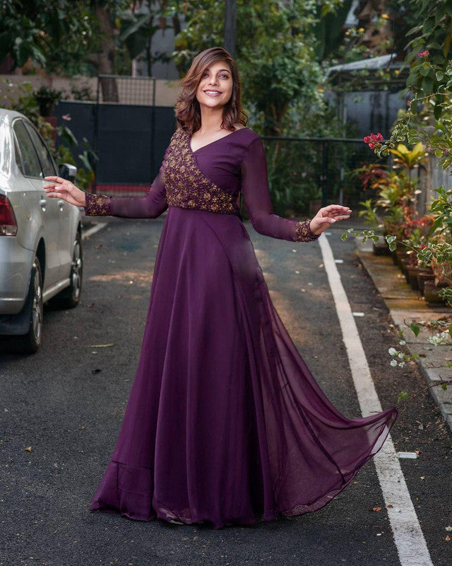 Wine-colored faux blooming Anarkali dress with sequins embroidery for party wear