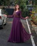 Wine-colored faux blooming Anarkali dress with sequins embroidery for party wear
