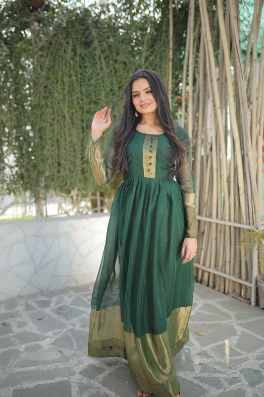 Green Chiffon Zari Woven Festive Anarkali Dress