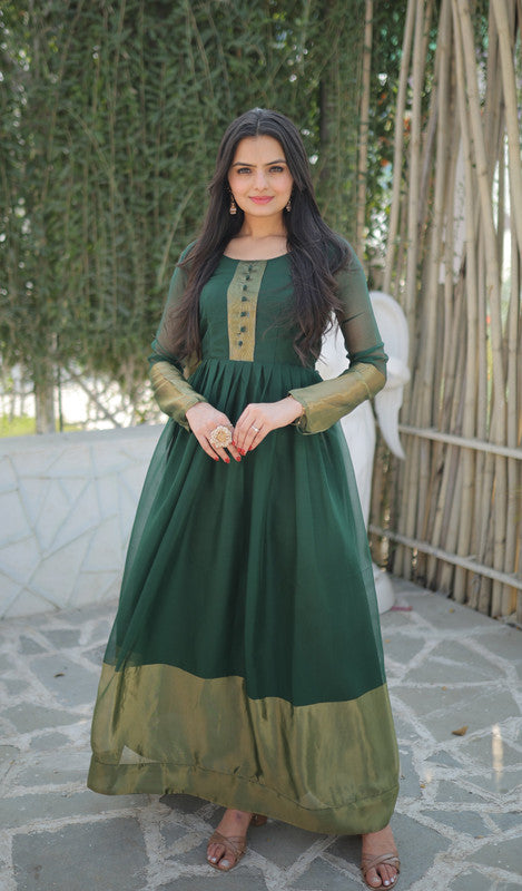 Dark green chiffon Anarkali dress featuring gold Zari woven embroidery