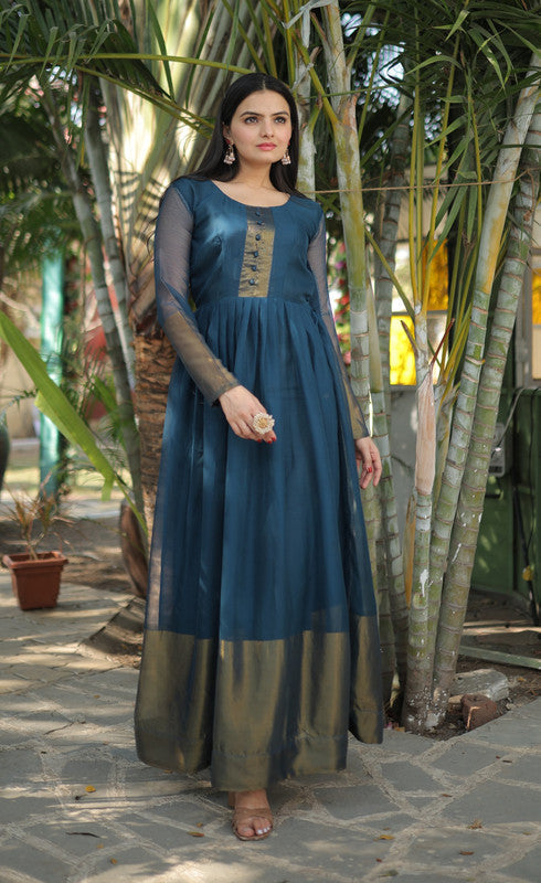 Women's Blue Chiffon Zari Woven Floor Length Anarkali Dress