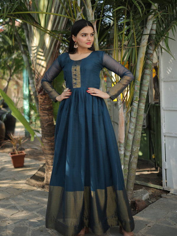 Women's Blue Chiffon Zari Woven Floor Length Anarkali Dress