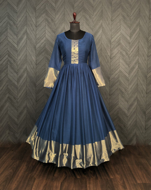 Women's Blue Chiffon Zari Woven Floor Length Anarkali Dress