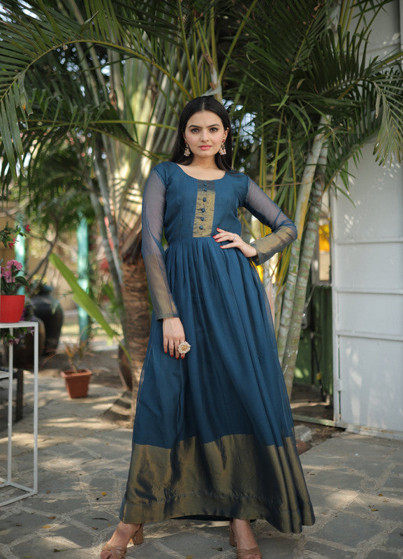 Blue chiffon Anarkali dress with zari embroidery and 56-inch floor-length hem