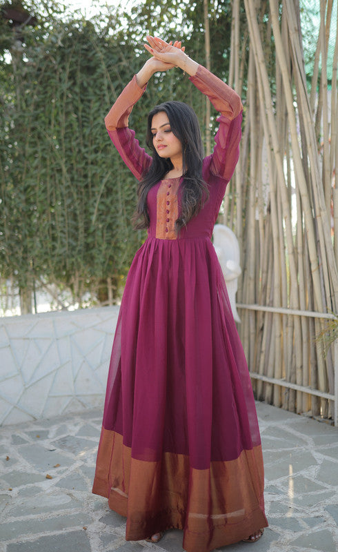 Wine Chiffon Zari Woven Anarkali Dress for Festive Occasions