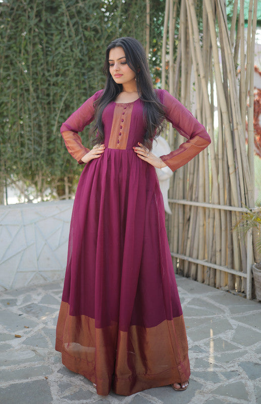 Wine Chiffon Zari Woven Anarkali Dress for Festive Occasions