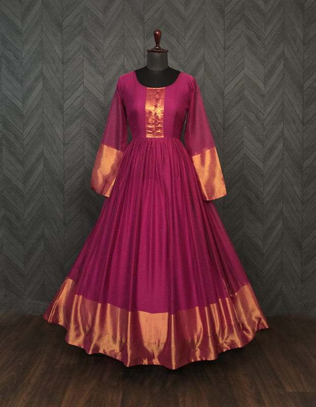 Wine Chiffon Zari Woven Anarkali Dress for Festive Occasions