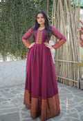Elegant wine chiffon Anarkali dress with gold Zari woven work and 56-inch length