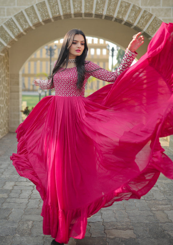 Pink Chiffon Anarkali Dress with Sequins & Zari Embroidery