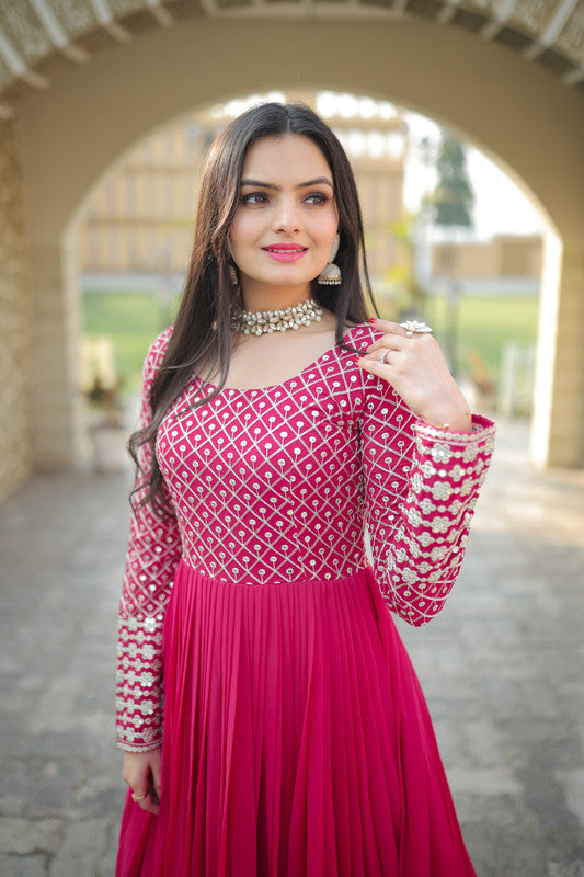 Pink Chiffon Anarkali Dress with Sequins & Zari Embroidery