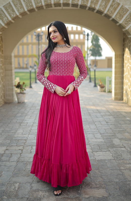 Pink chiffon Anarkali dress with silver sequin and zari embroidery