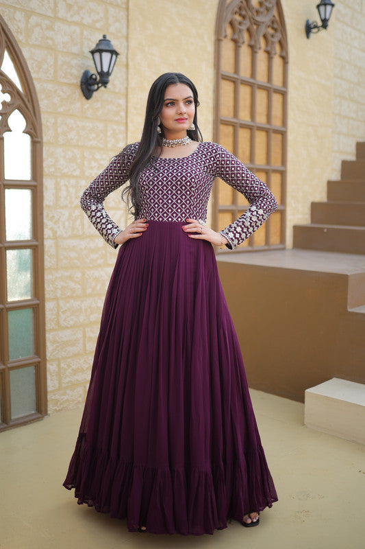 Wine Faux Blooming Sequins Zari Embroidered Anarkali Dress
