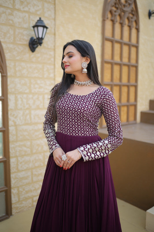 Wine Faux Blooming Sequins Zari Embroidered Anarkali Dress