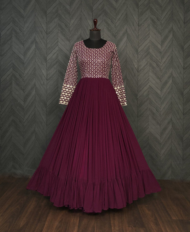 Wine Faux Blooming Sequins Zari Embroidered Anarkali Dress