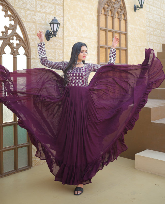 Wine Faux Blooming Anarkali dress with sequins and zari embroidery