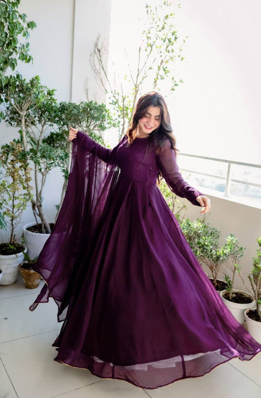 Women's Wine Partywear Anarkali Dress with Embroidery & Dupatta