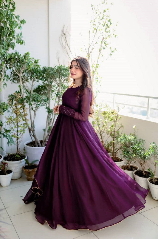 Women's Wine Partywear Anarkali Dress with Embroidery & Dupatta