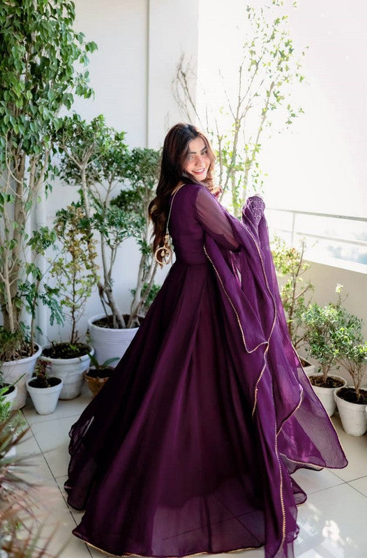 Women's Wine Partywear Anarkali Dress with Embroidery & Dupatta