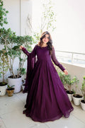 Wine-colored Anarkali dress with sequins embroidery and matching dupatta