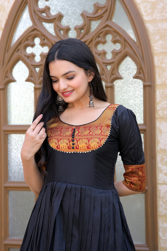 Jyoti Fashion Women's Black Silk Jacquard Weaving Festive Anarkali Dress