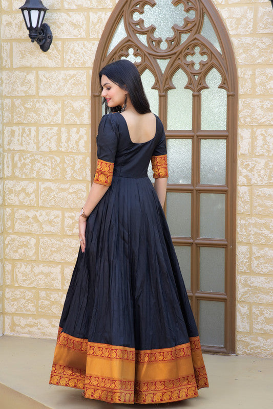 Jyoti Fashion Women's Black Silk Jacquard Weaving Festive Anarkali Dress