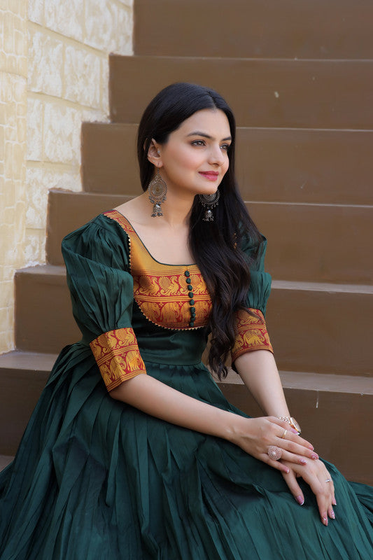 Green Silk Jacquard Weaving Festive Anarkali Gown