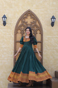 Green silk jacquard woven Anarkali dress for festive occasions