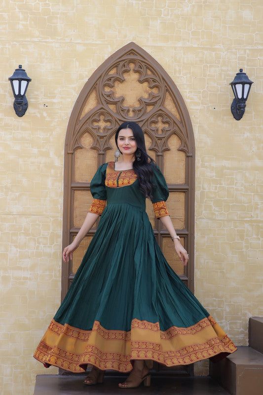 Green silk jacquard woven Anarkali dress for festive occasions