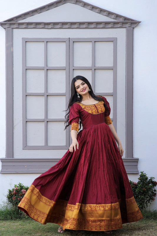 Women's Maroon Silk Jacquard Woven Festive Anarkali Dress