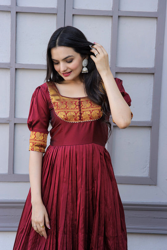 Women's Maroon Silk Jacquard Woven Festive Anarkali Dress